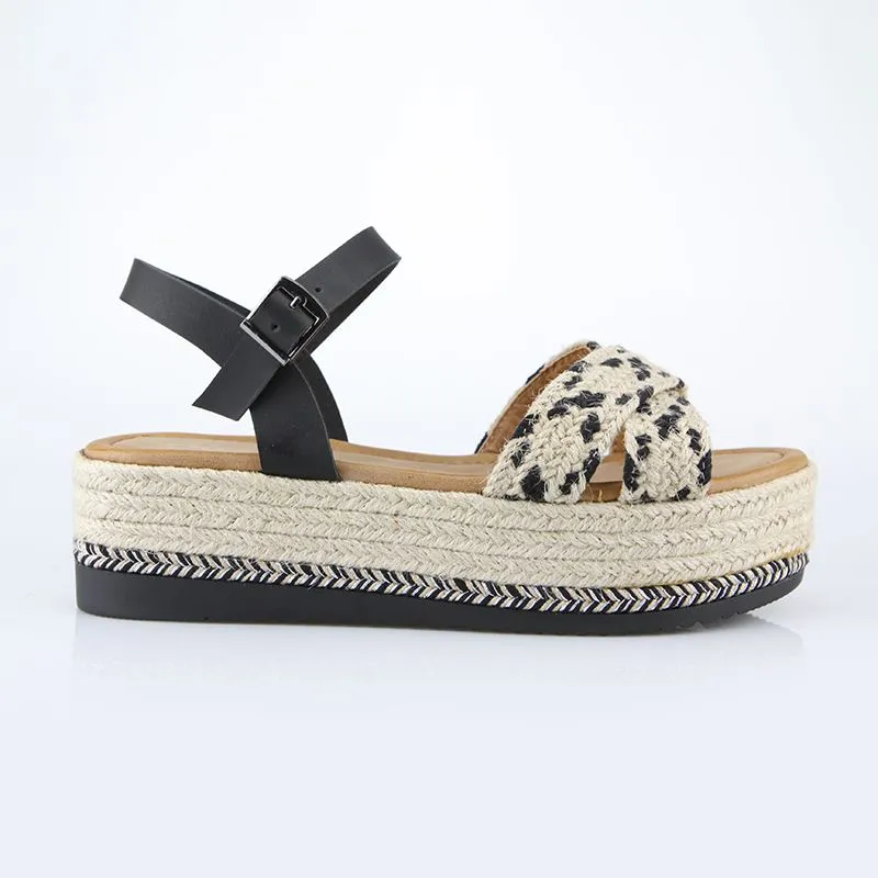 Cream And Black Braided Platform Espadrilles